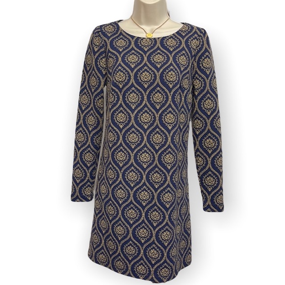 LOFT Blue Medallion Jacquard Puff Sleeve Shift Dress - Picture 2 of 5